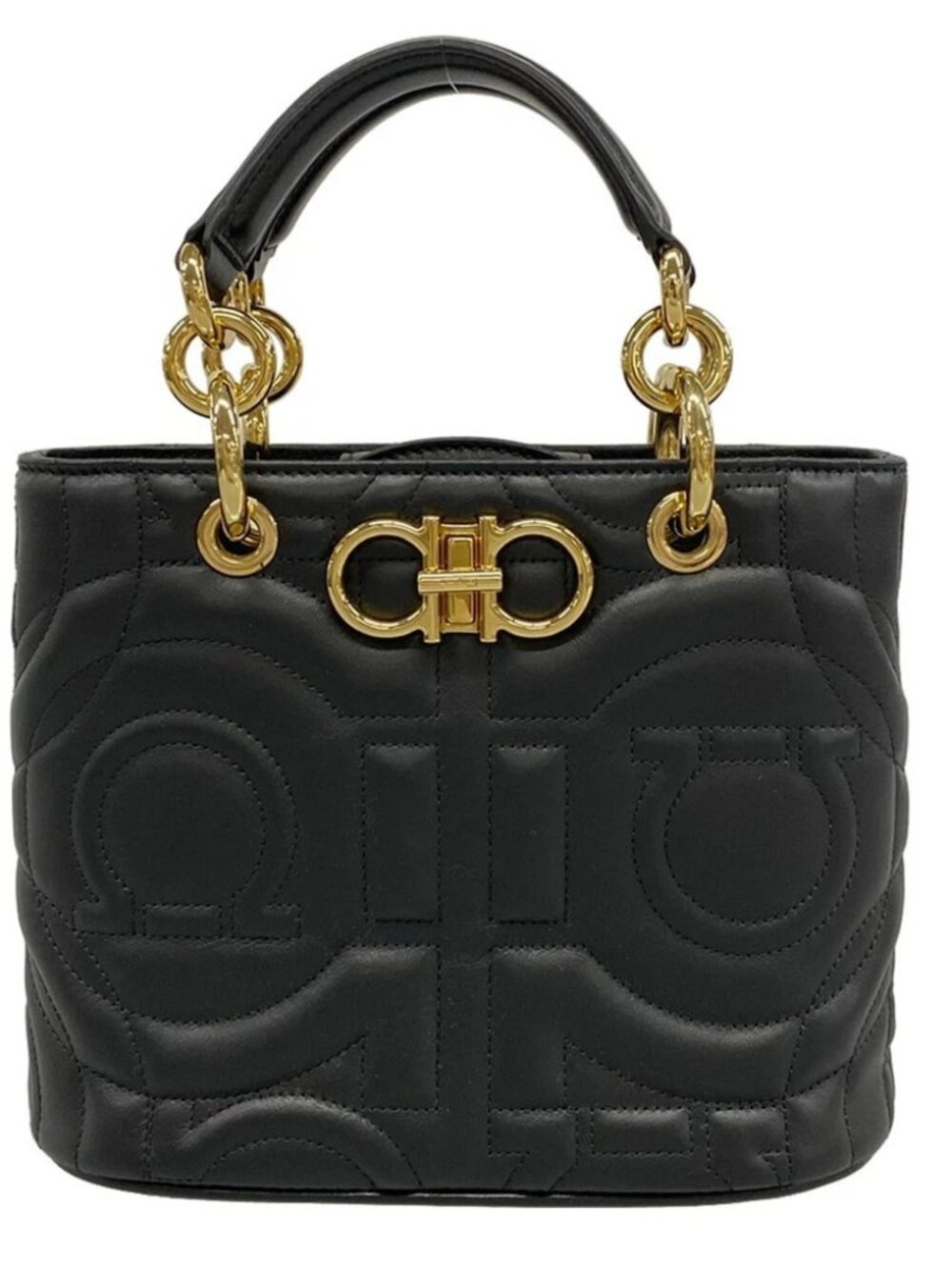Salvatore Ferragamo Gancini Black Gold Leather Hardware Tote Bag